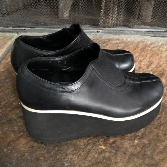Espace Shoes - Espace Vintage Black Leather Slip on Platform Wedges Shoes Barneys New York